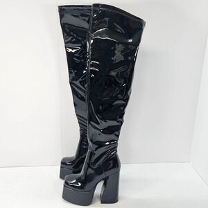 ElegaStep Black Patent Platform Chunky Heel Over The Knee Boots Women's Size 6